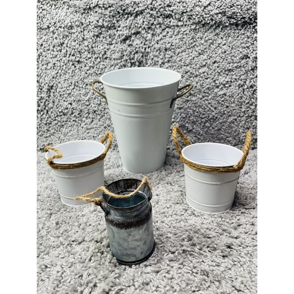 White Metal Bucket Container Round Farmhouse Bundle Of 4 Size Varies Home Decor - Picture 5 of 11